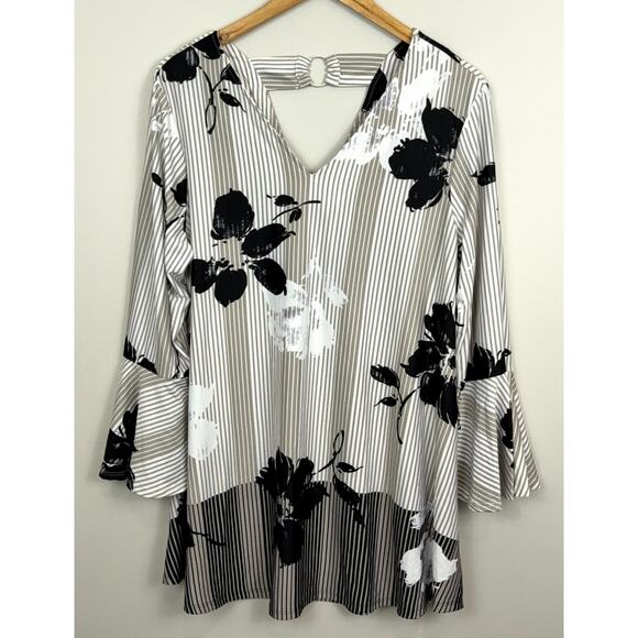 NWT New Direction Womens Black & Beige Floral & Striped Curvy Blouse Top Size 1X - Picture 1 of 9